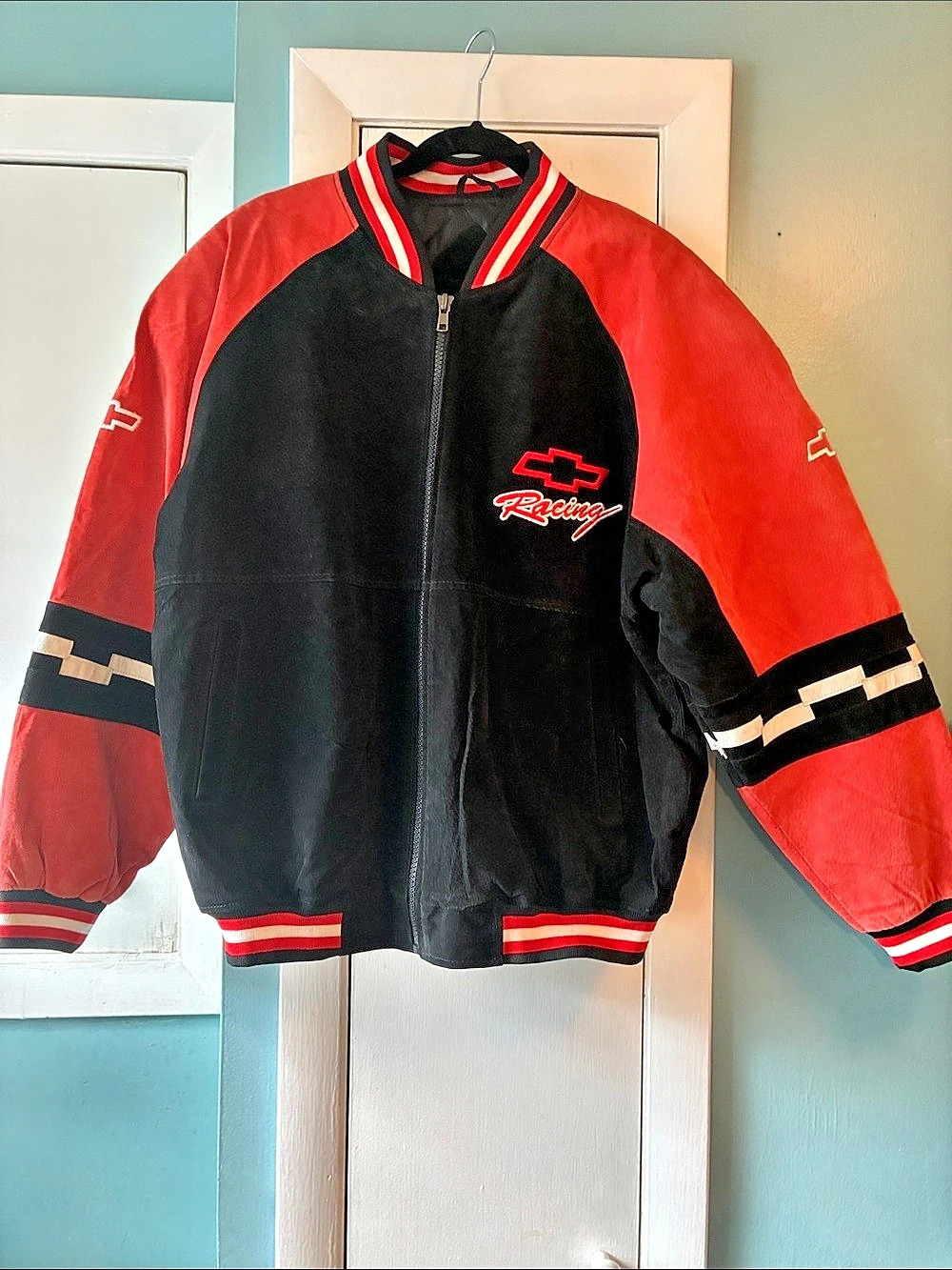 Vintage Essex NASCAR Chevrolet Racing Suede Jacket Orange Black Size Medium